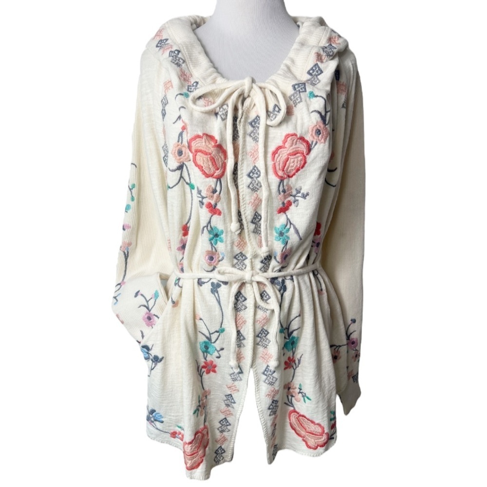 Johnny Was Biya Floral Embroidered Hooded Cardigan Sweater Ties Cotton Bohemian